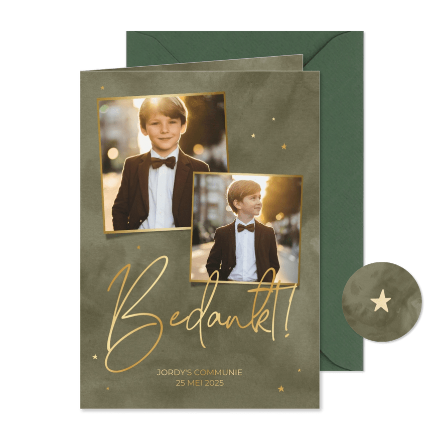 Bedankkaart met groene waterverf en goudfolie hartjes - Kaartimpressie