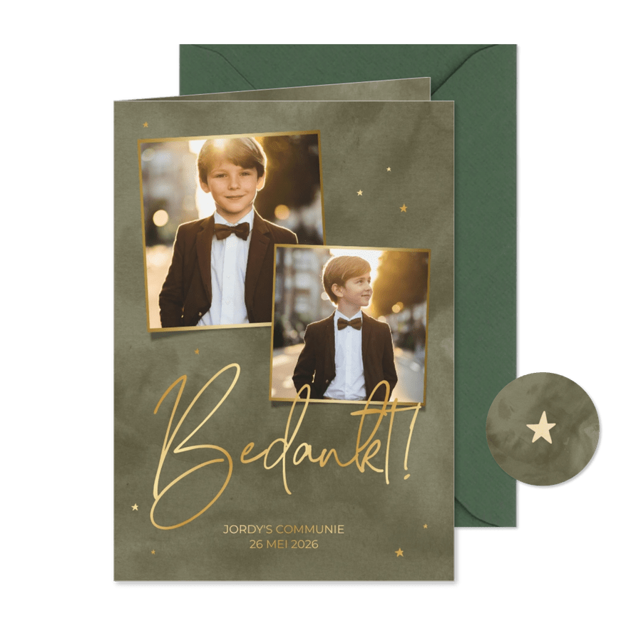 Bedankkaart met groene waterverf en goudfolie hartjes - Kaartimpressie