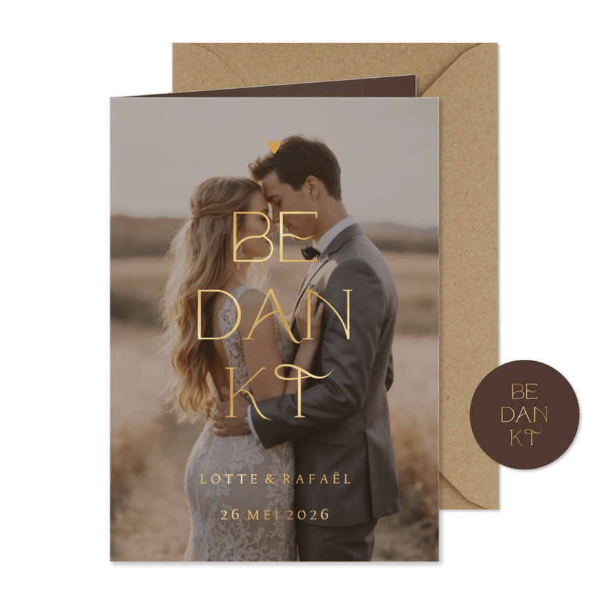 Bedankkaart met grote foto en goudfolie - Kaartimpressie