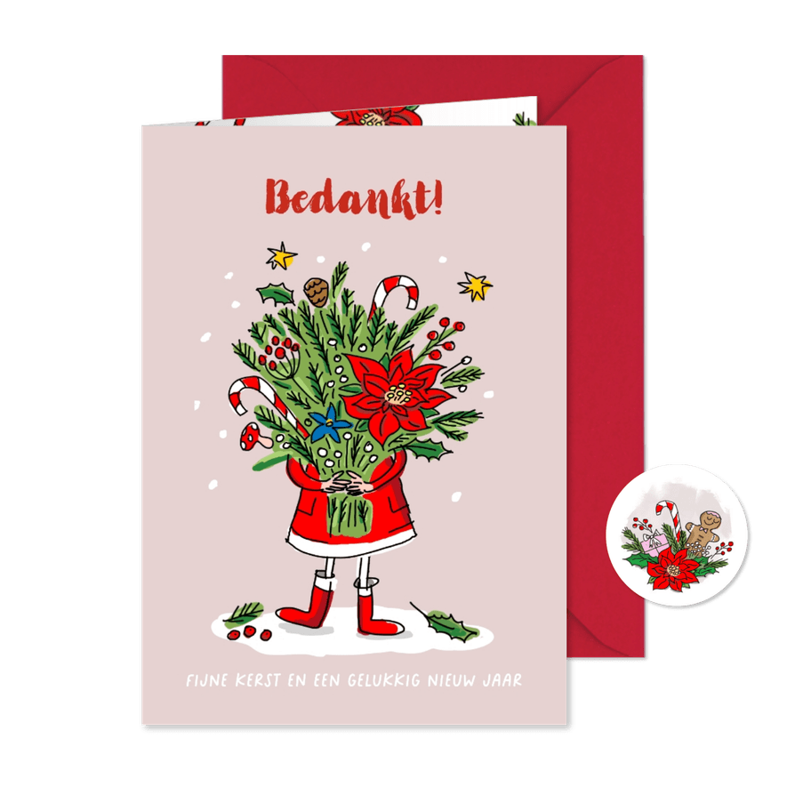 Bedankkaart met meisje met kerstboeket - Kaartimpressie