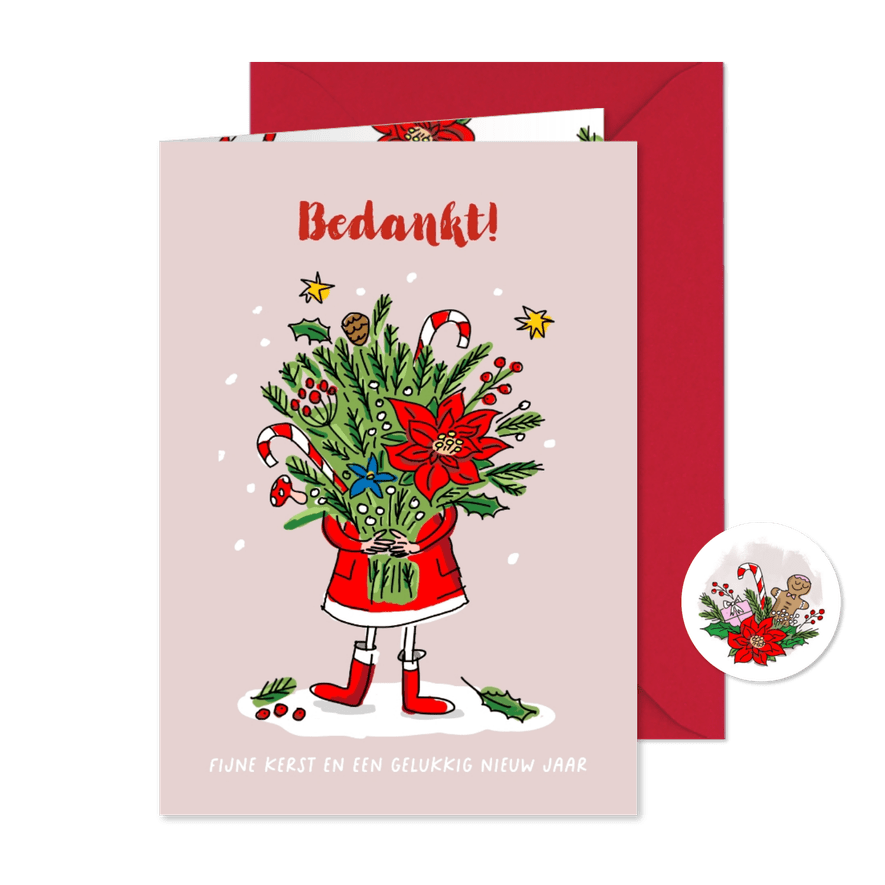 Bedankkaart met meisje met kerstboeket - Kaartimpressie