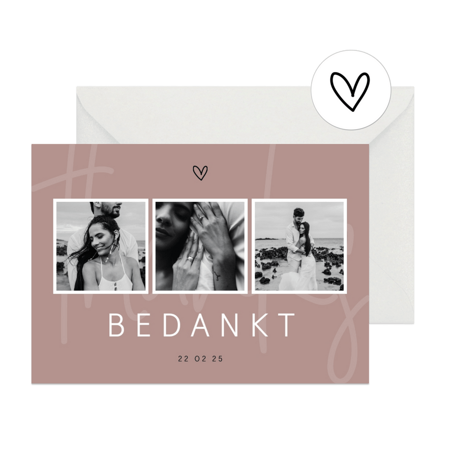 Bedankkaart minimalistisch thanks met fotos en hartje - Kaartimpressie