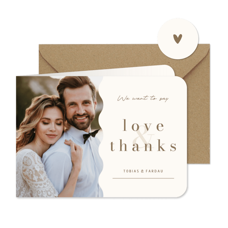 Bedankkaart minimalistische beige bruin love & thanks foto - Kaartimpressie