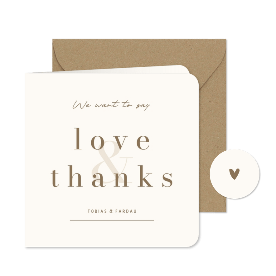 Bedankkaart minimalistische beige met bruin love & thanks - Kaartimpressie