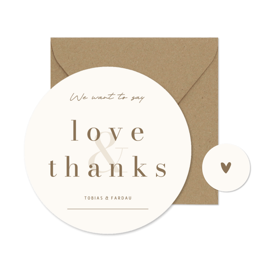 Bedankkaart modern beige met bruin love & thanks ronde vorm - Kaartimpressie