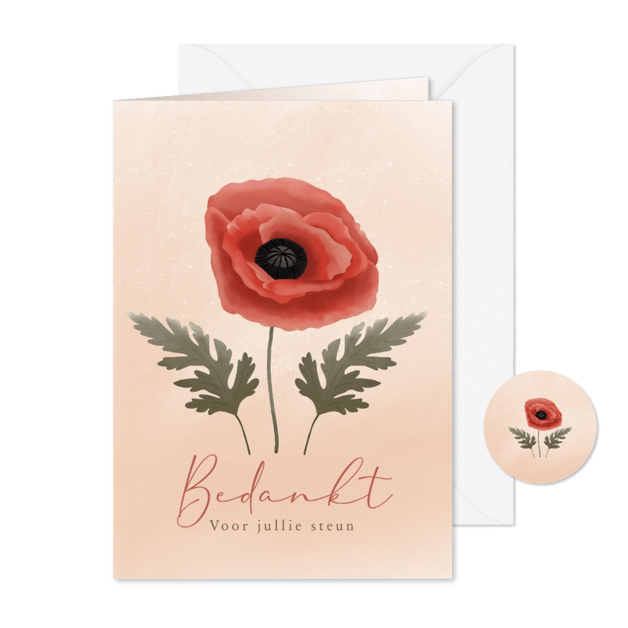 Bedankkaart overlijden met geschilderde klaproos - Kaartimpressie