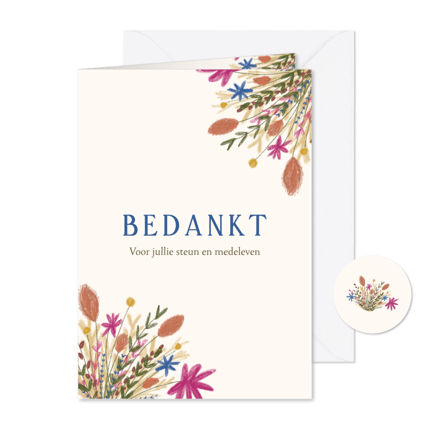 Bedankkaart overlijden met kleurrijke bos droogbloemen - Kaartimpressie