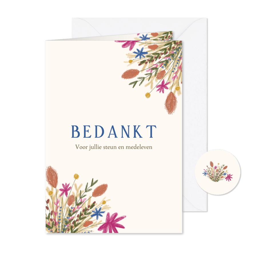 Bedankkaart overlijden met kleurrijke bos droogbloemen - Kaartimpressie