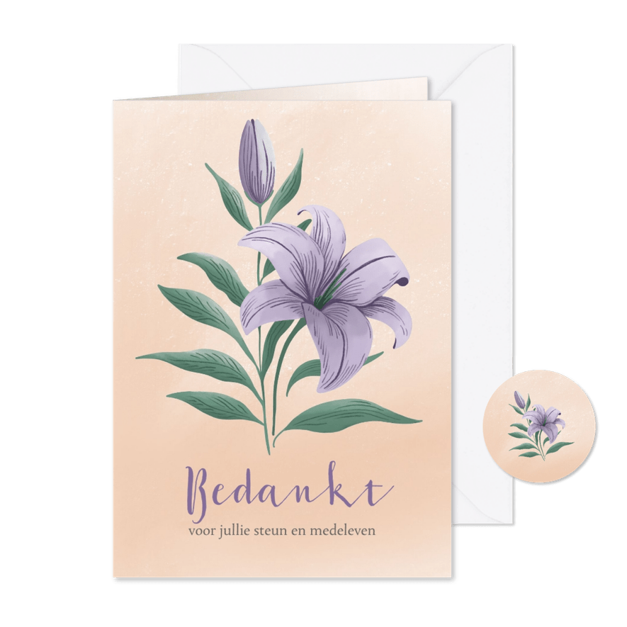 Bedankkaart overlijden paarse lelie en waterverf - Kaartimpressie