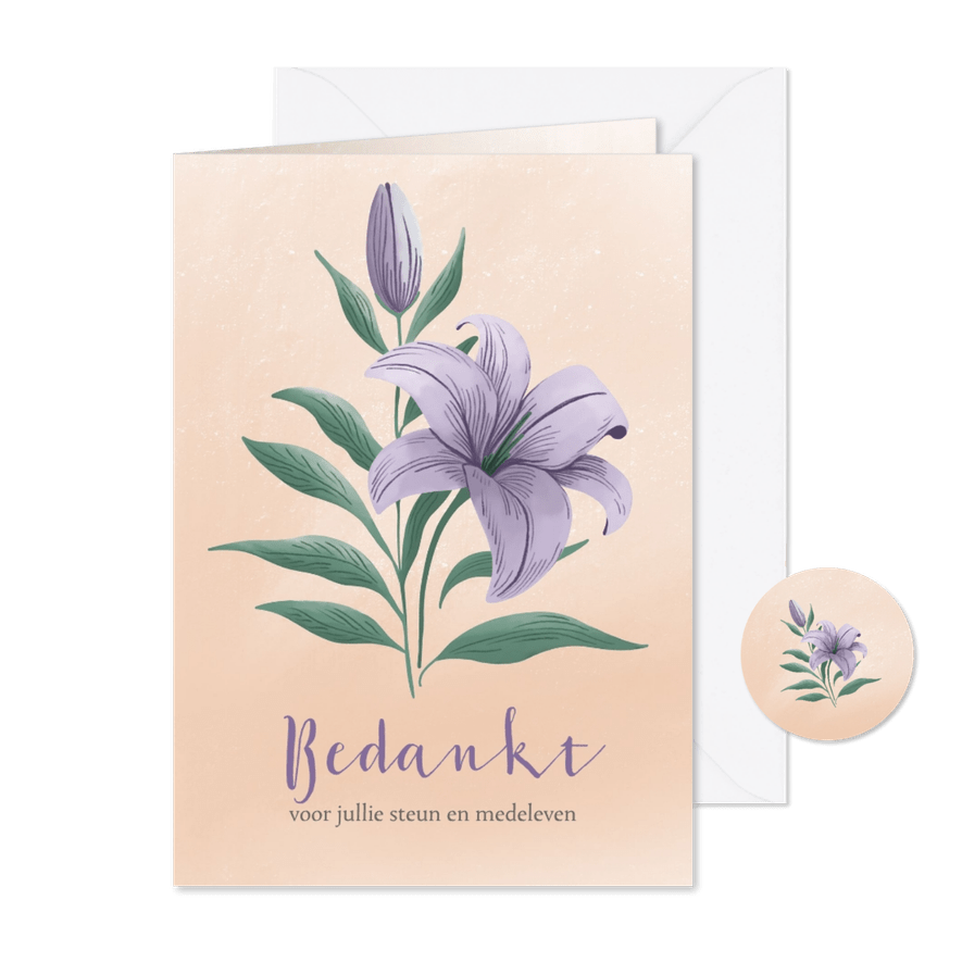 Bedankkaart overlijden paarse lelie en waterverf - Kaartimpressie