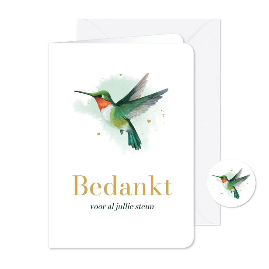 Bedankkaart overlijden vogel kolibrie waterverf goud hartjes - Kaartimpressie