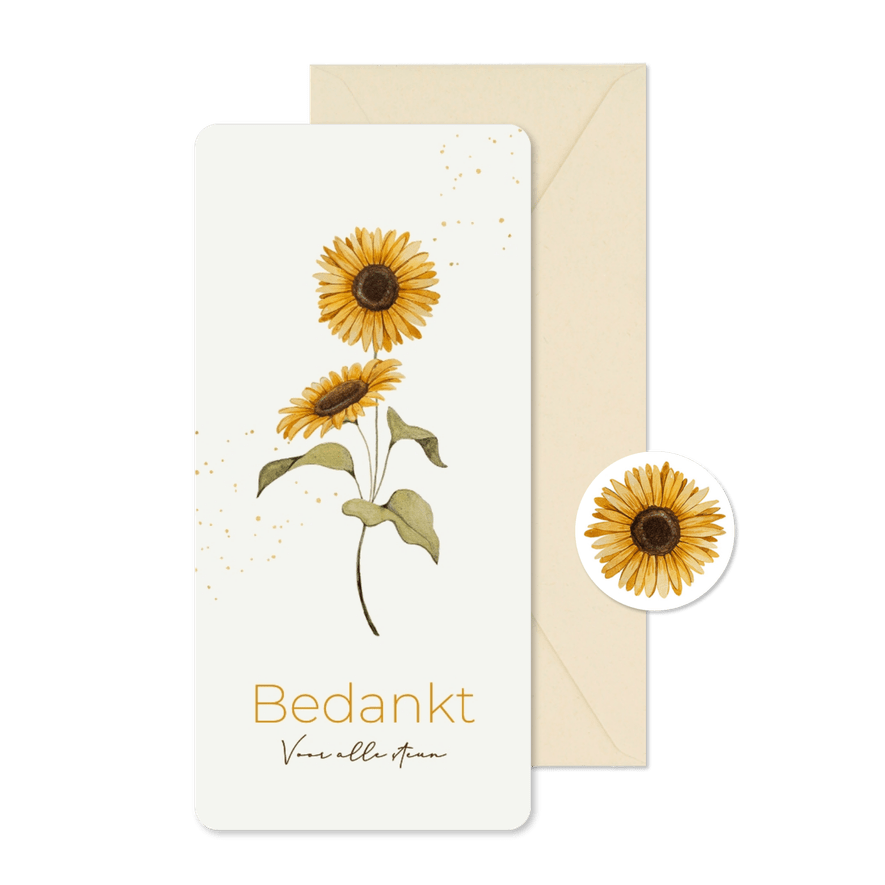 Bedankkaart overlijden zonnebloemen bedankt steun - Kaartimpressie