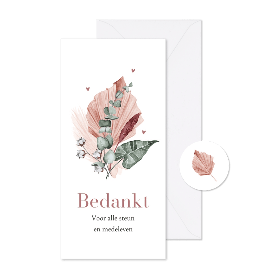 Bedankkaart rouw droogbloemen eucalyptus roze - Kaartimpressie