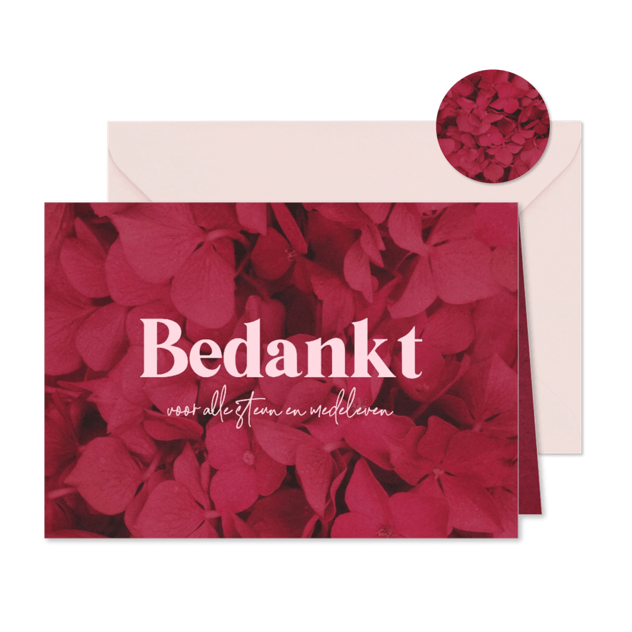 Bedankkaart rouw kind tiener hortensia bloemen bedankt - Kaartimpressie