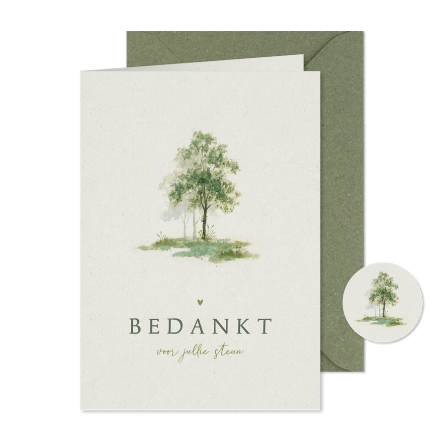 Bedankkaart rouw klassiek stijlvol bomen waterverf groen - Kaartimpressie