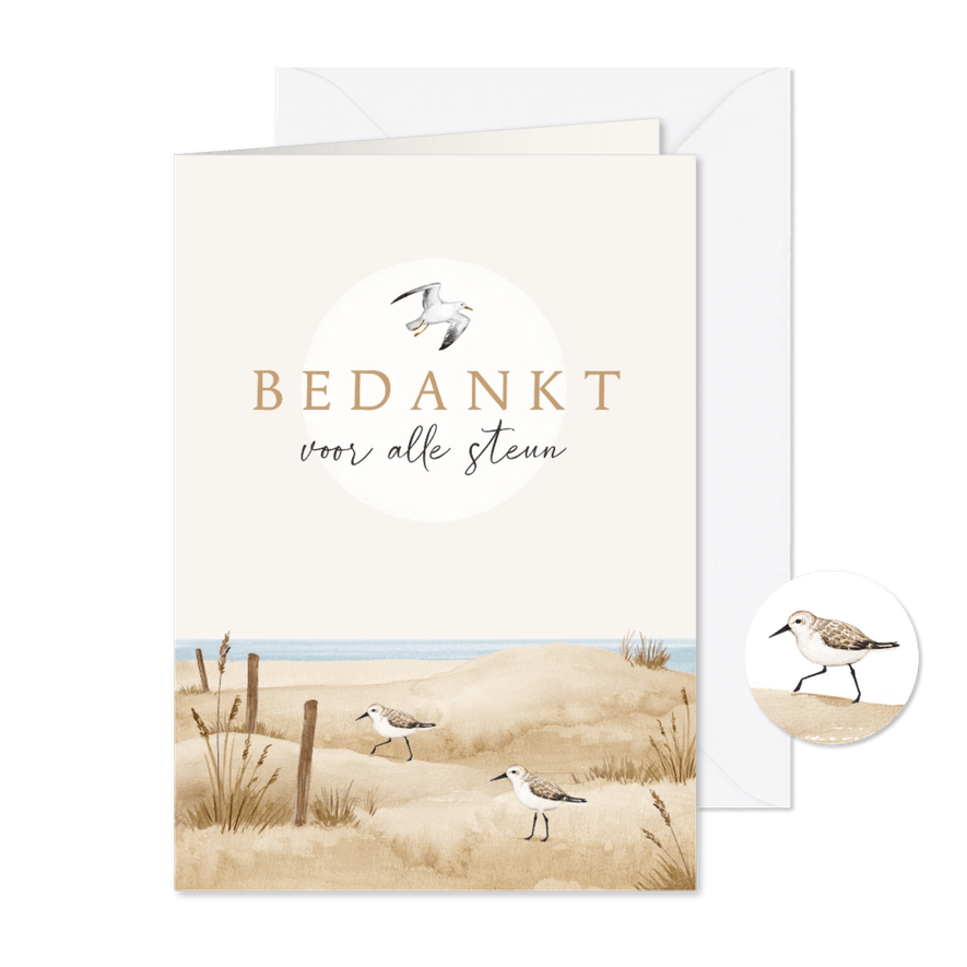 Bedankkaart rouw strand vogels zee duinen unisex - Kaartimpressie