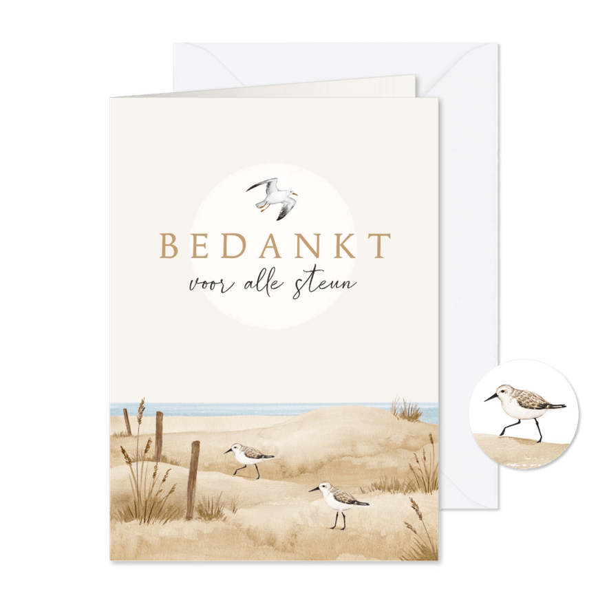 Bedankkaart rouw strand vogels zee duinen unisex - Kaartimpressie
