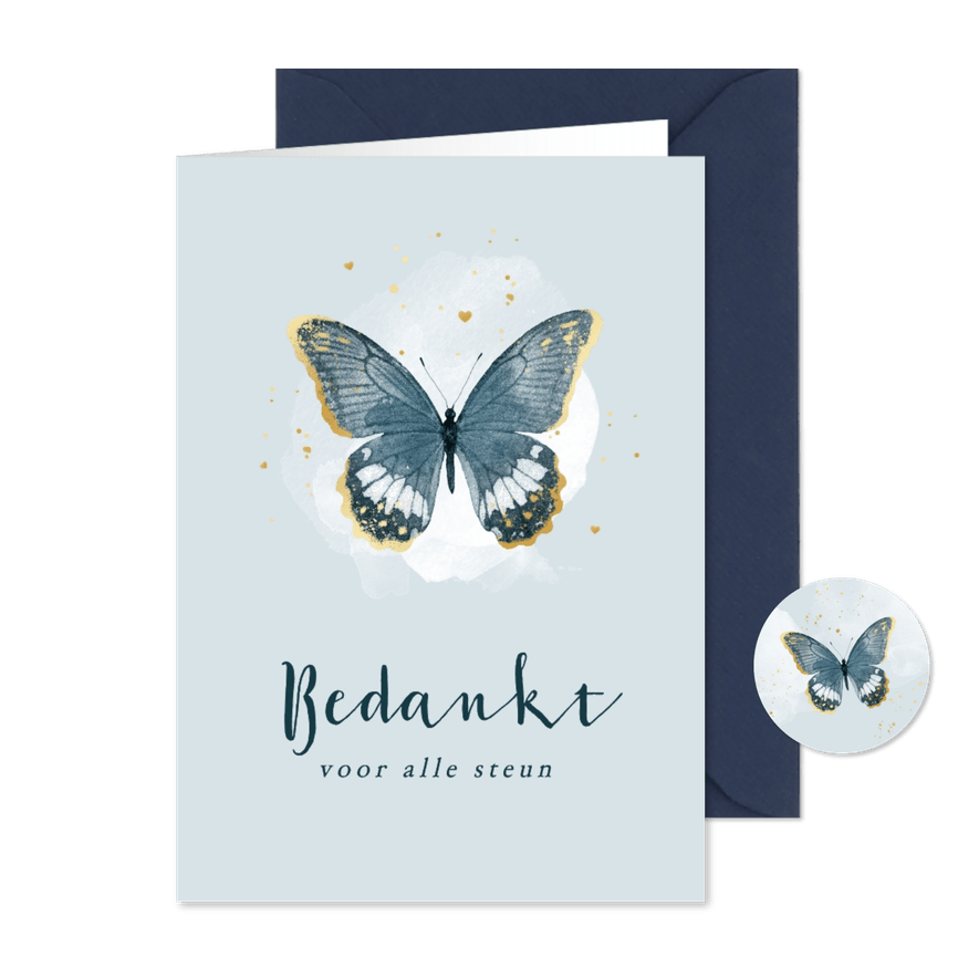 Bedankkaart rouw vlinders waterverf blauw goud bedankt - Kaartimpressie