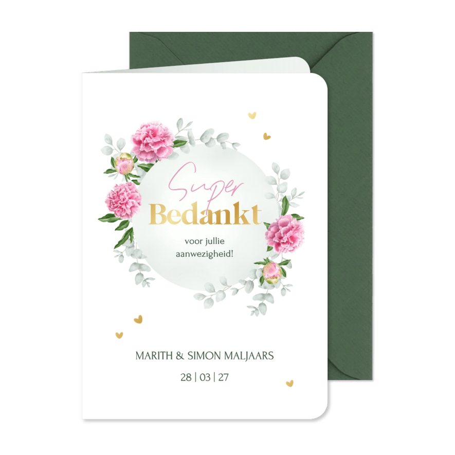 Bedankkaart roze pioenrozen en eucalyptus takjes - Kaartimpressie