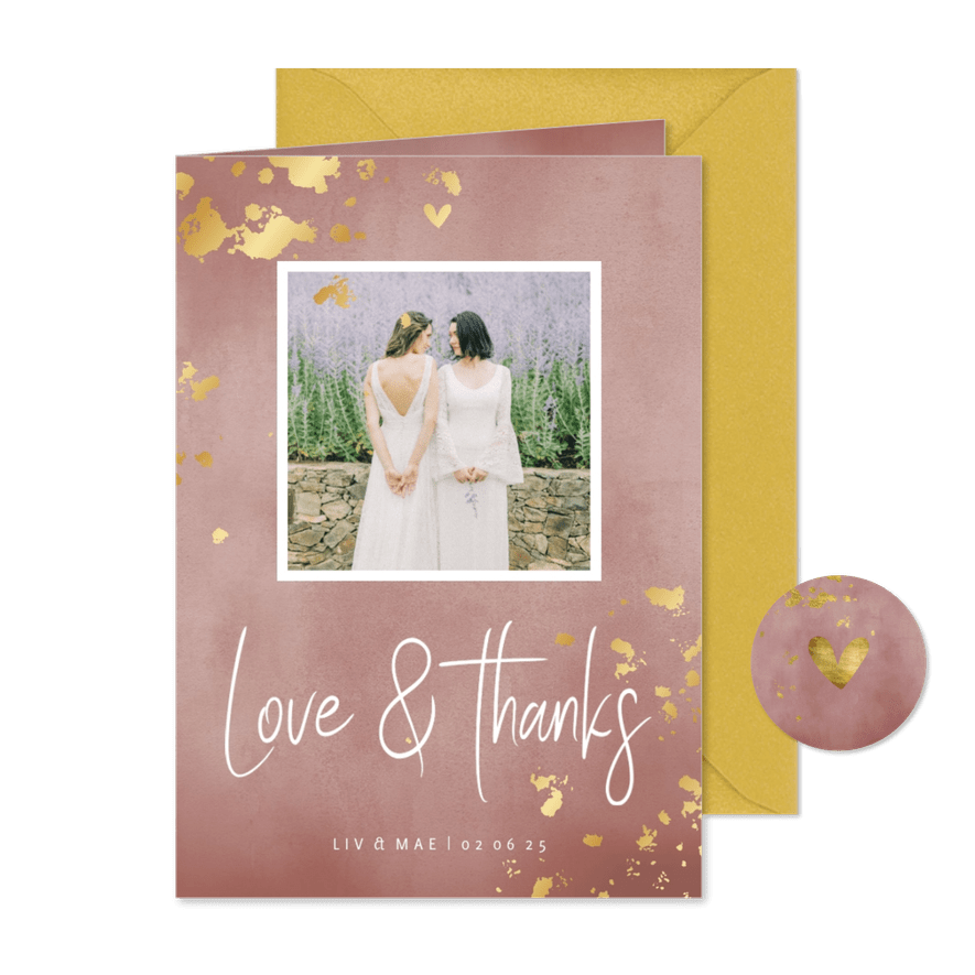 Bedankkaart roze waterverf gouden spetters - Kaartimpressie