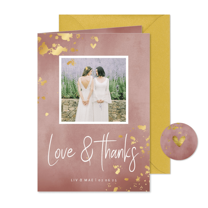 Bedankkaart roze waterverf gouden spetters - Kaartimpressie