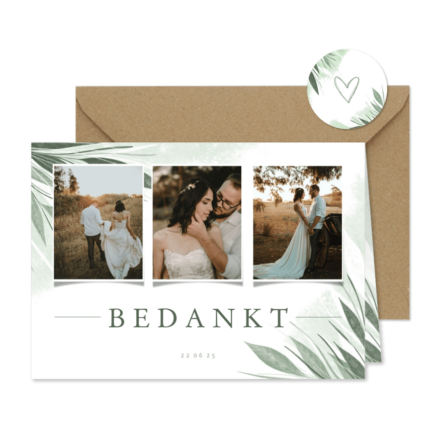 Bedankkaart stijlvol jungle bladeren met waterverf - Kaartimpressie