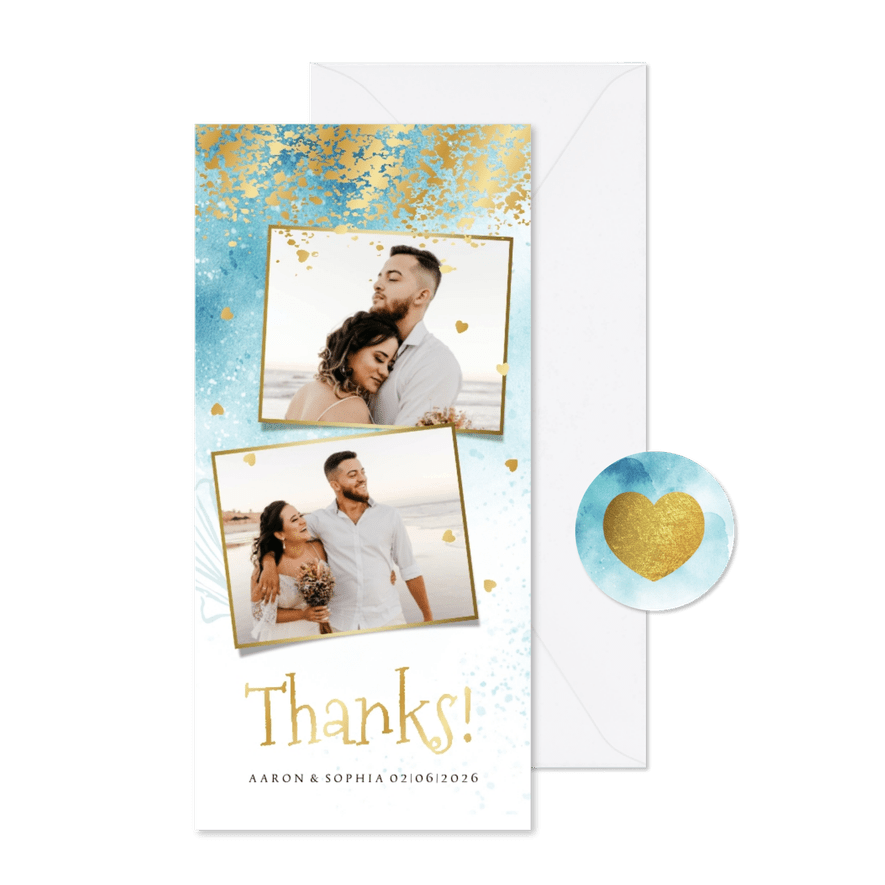 Bedankkaart strand watercolour goud hartjes schelp - Kaartimpressie