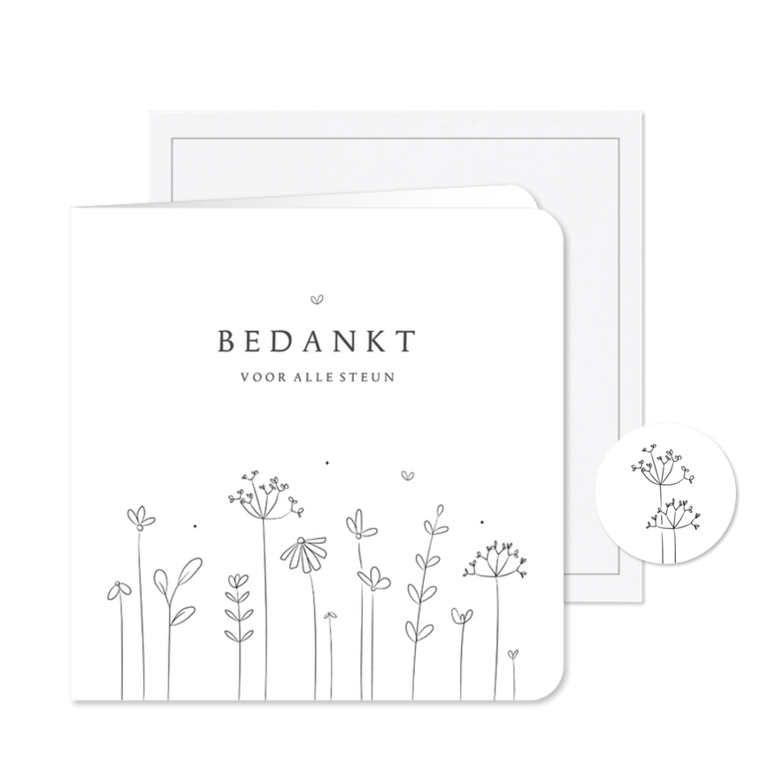 Bedankkaart subtiel ingetogen lijnillustratie wilde bloemen - Kaartimpressie