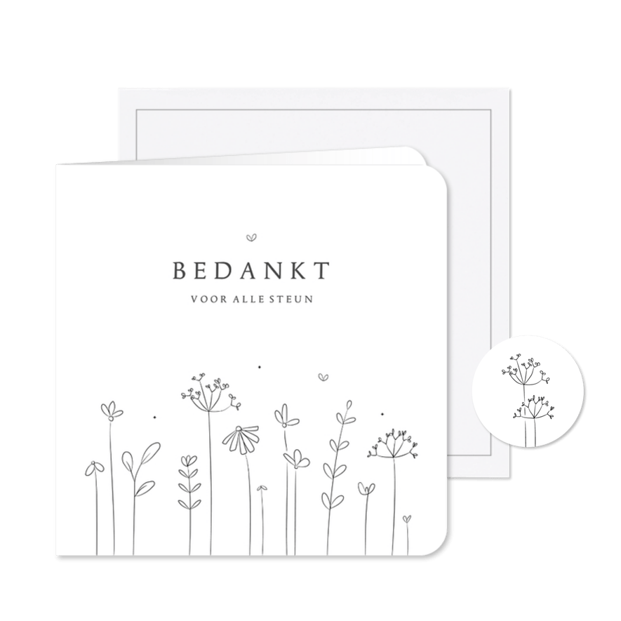 Bedankkaart subtiel ingetogen lijnillustratie wilde bloemen - Kaartimpressie