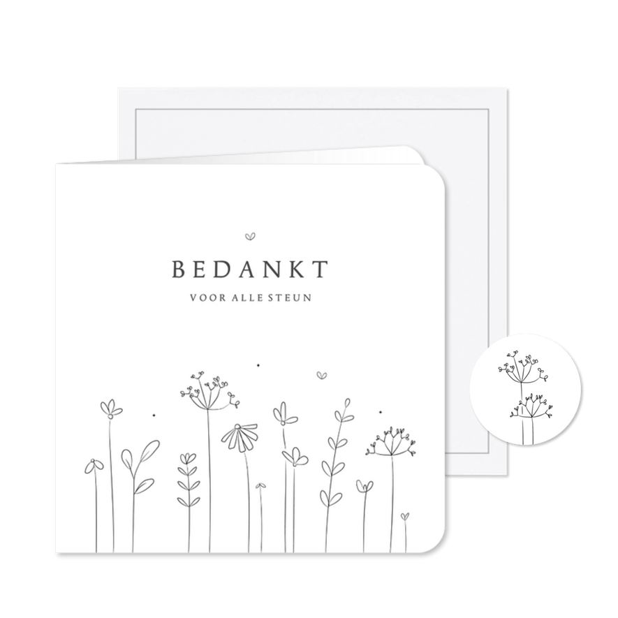 Bedankkaart subtiel ingetogen lijnillustratie wilde bloemen  - Kaartimpressie