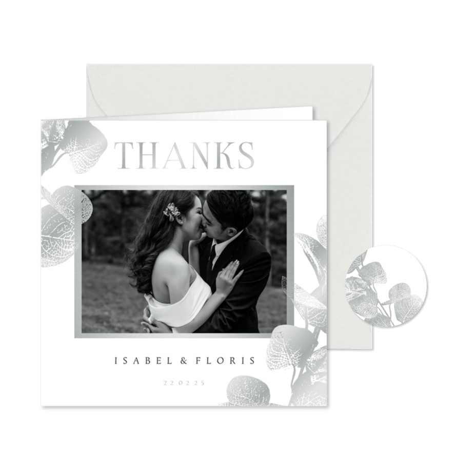 Bedankkaart thanks eucalyptustak in zilver - Kaartimpressie