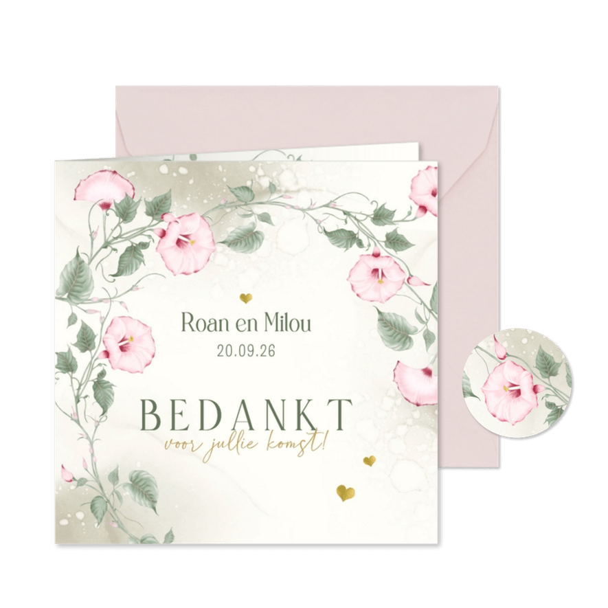 Bedankkaart trouw met roze klokwinde - Kaartimpressie