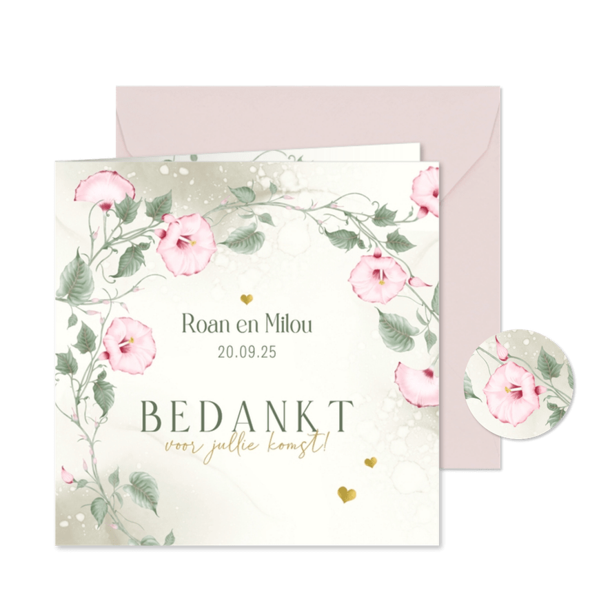 Bedankkaart trouw met roze klokwinde - Kaartimpressie