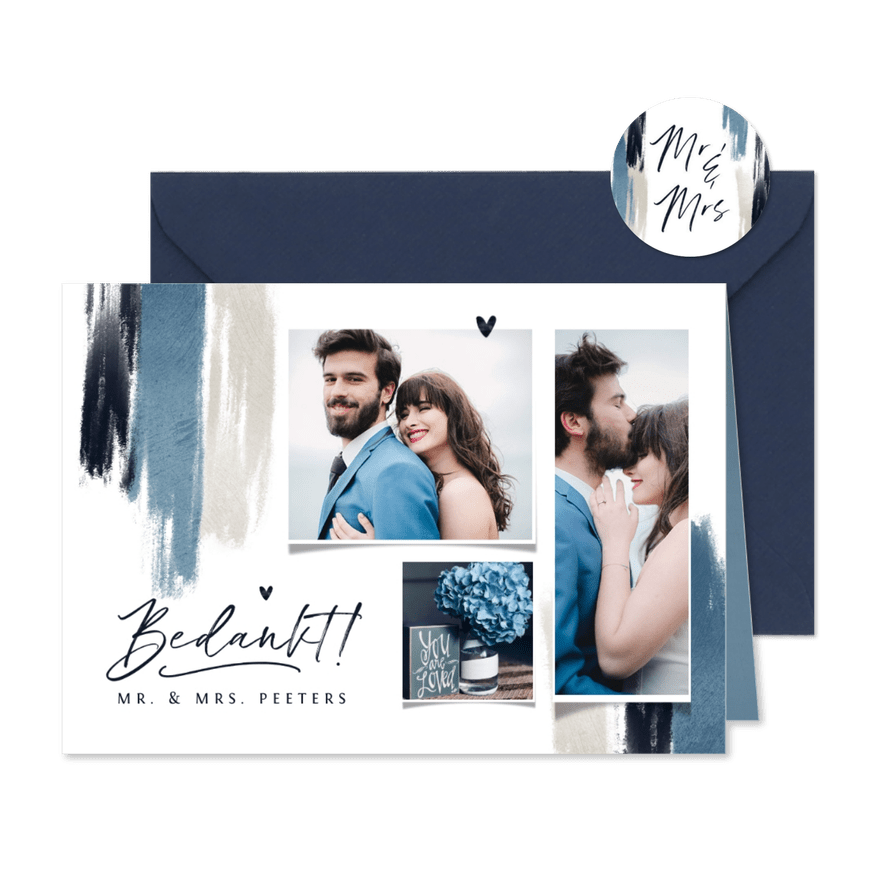 Bedankkaart trouwen blauw verf hartjes stijlvol fotocollage - Kaartimpressie