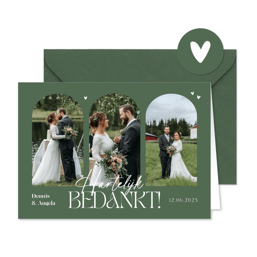 Bedankkaart trouwen bogen grafisch olijfgroen foto's hartjes - Kaartimpressie