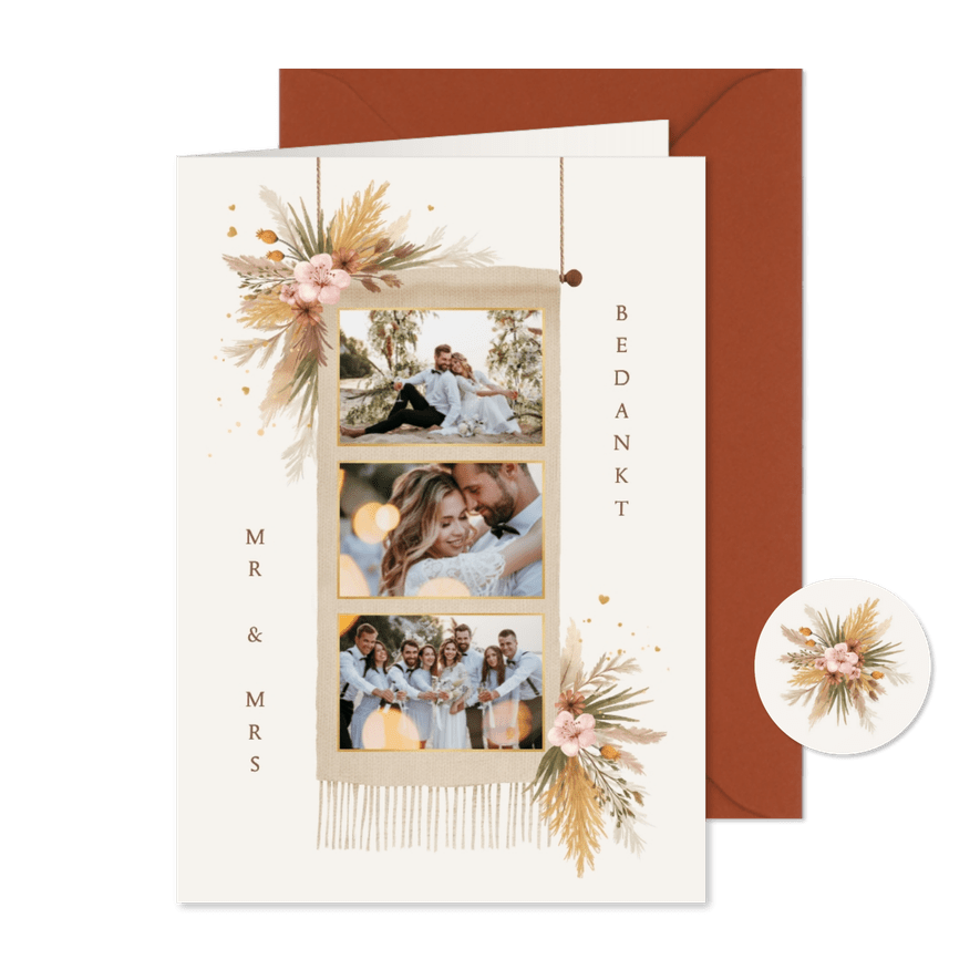 Bedankkaart trouwen bohemian bloemen gras fotocollage - Kaartimpressie