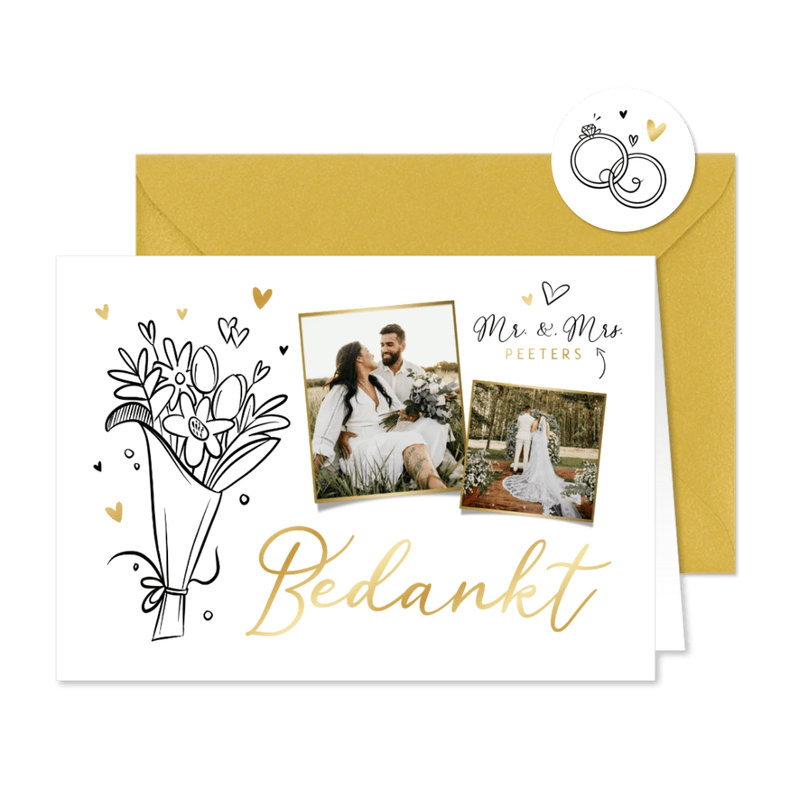 Bedankkaart trouwen doodle timeline illustratie hartjes goud - Kaartimpressie