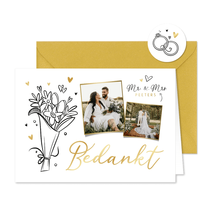 Bedankkaart trouwen doodle timeline illustratie hartjes goud - Kaartimpressie