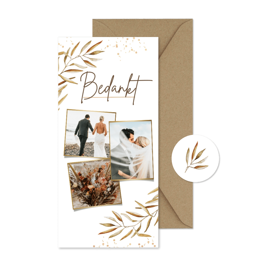 Bedankkaart trouwen goud bohemian takje foto's - Kaartimpressie