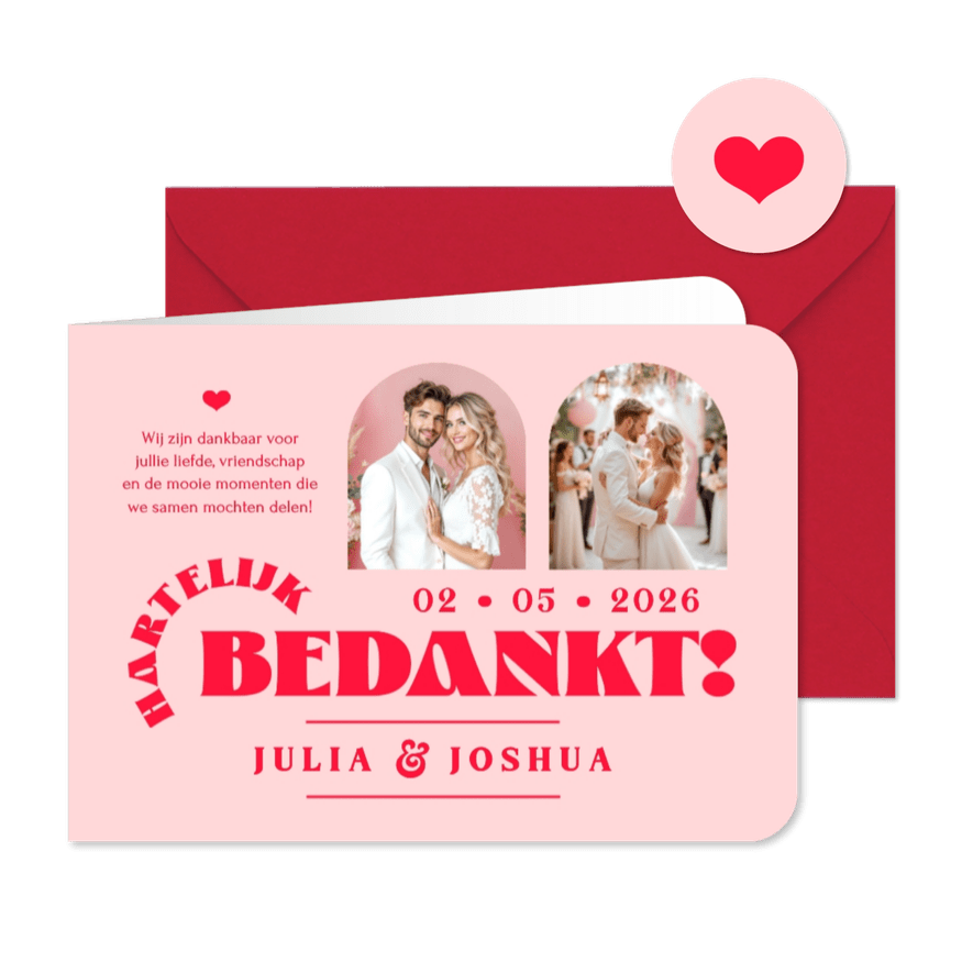 Bedankkaart trouwen hip modern romantisch roze rood foto's - Kaartimpressie