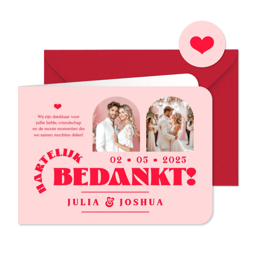 Bedankkaart trouwen hip modern romantisch roze rood foto's - Kaartimpressie