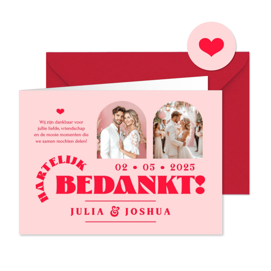 Bedankkaart trouwen hip modern romantisch roze rood foto's - Kaartimpressie
