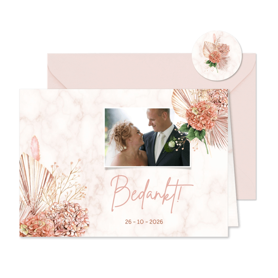 Bedankkaart trouwen hortensiabloemen - Kaartimpressie