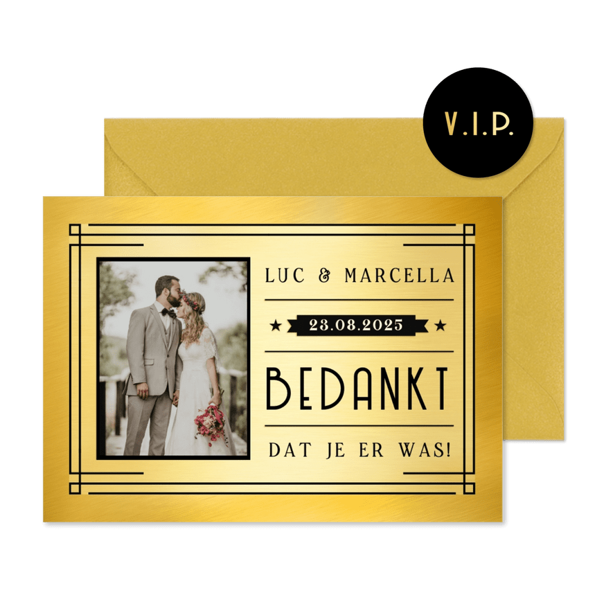 Bedankkaart trouwen met foto in retro VIP ticket stijl - Kaartimpressie