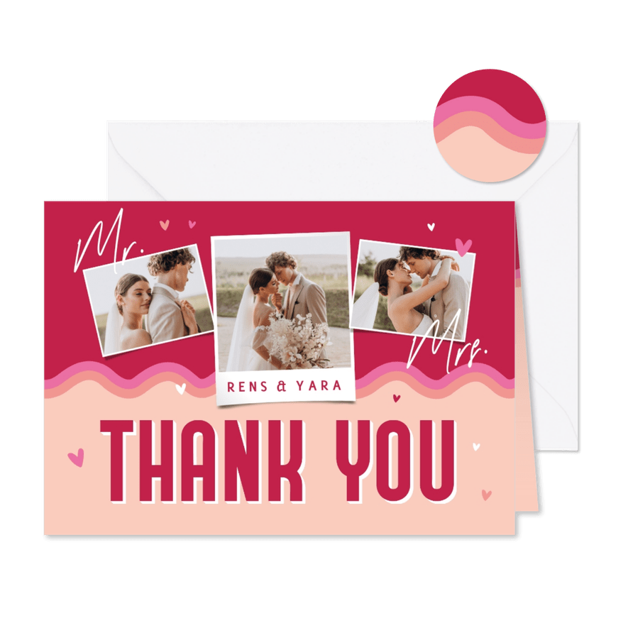 Bedankkaart trouwen retro groovy fotocollage hartjes roze - Kaartimpressie
