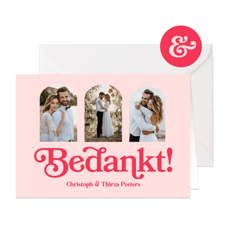 Bedankkaart trouwen retro typografisch roze fotokaart - Kaartimpressie