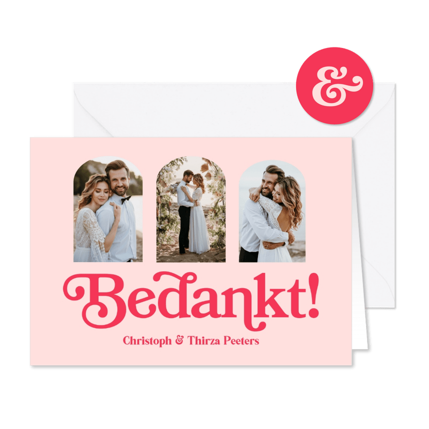 Bedankkaart trouwen retro typografisch roze fotokaart - Kaartimpressie