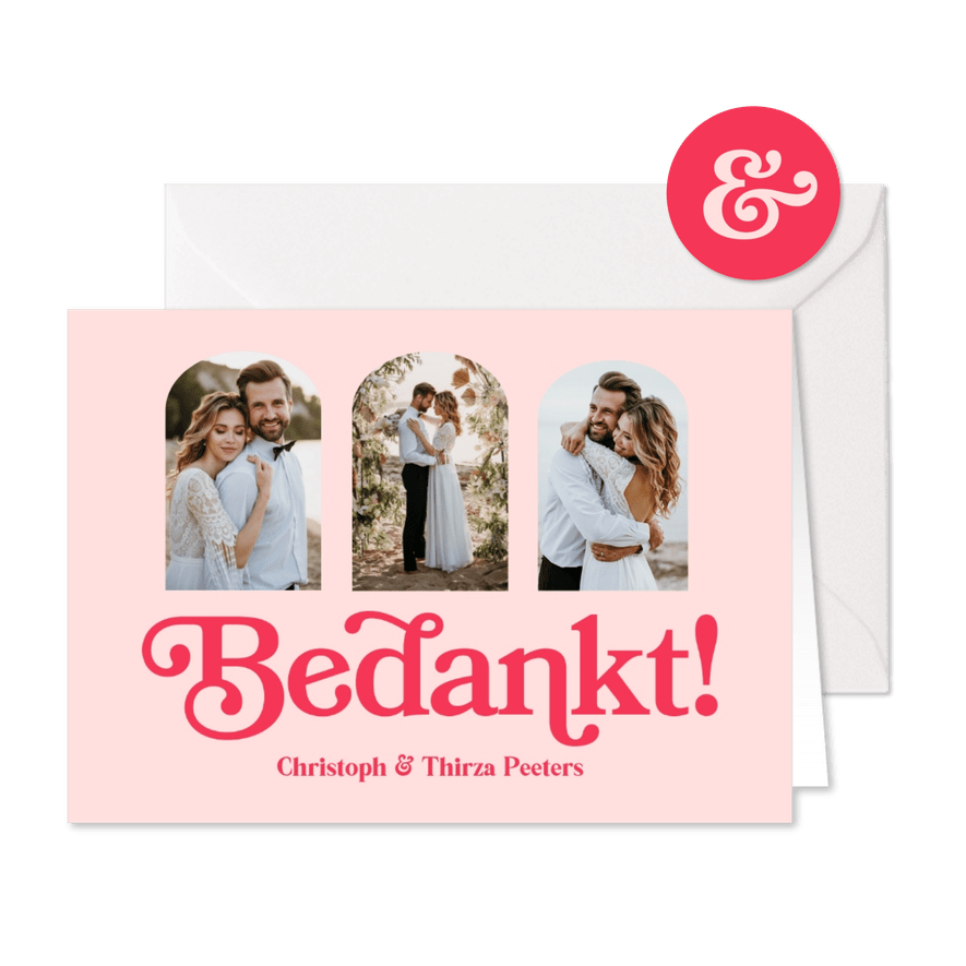 Bedankkaart trouwen retro typografisch roze fotokaart - Kaartimpressie