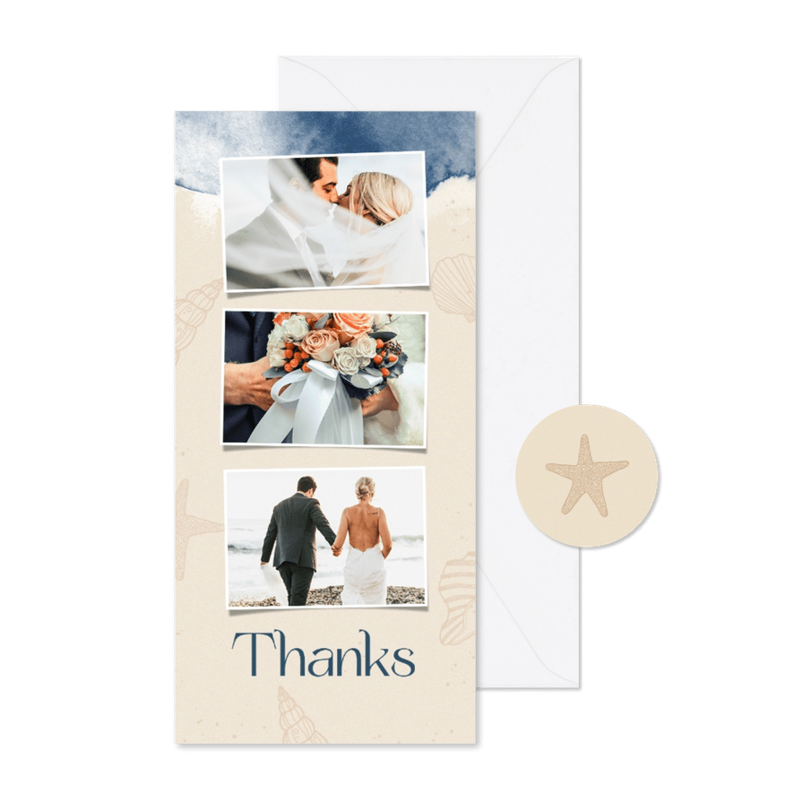 Bedankkaart trouwen strand waterverf schelpen foto's - Kaartimpressie