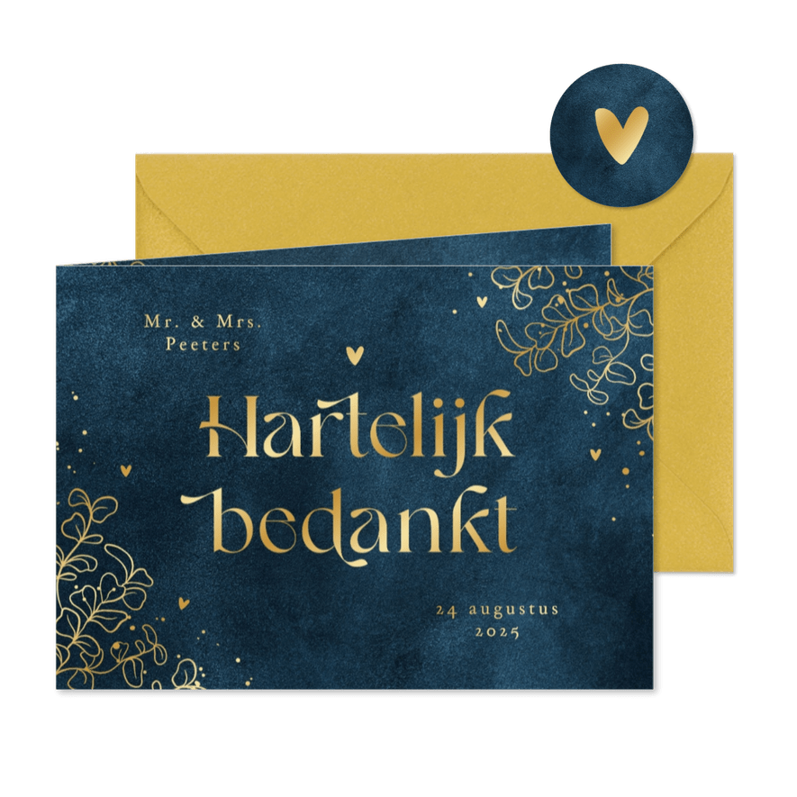 Bedankkaart trouwen velvet blauw goud eucalyptus hartjes  - Kaartimpressie